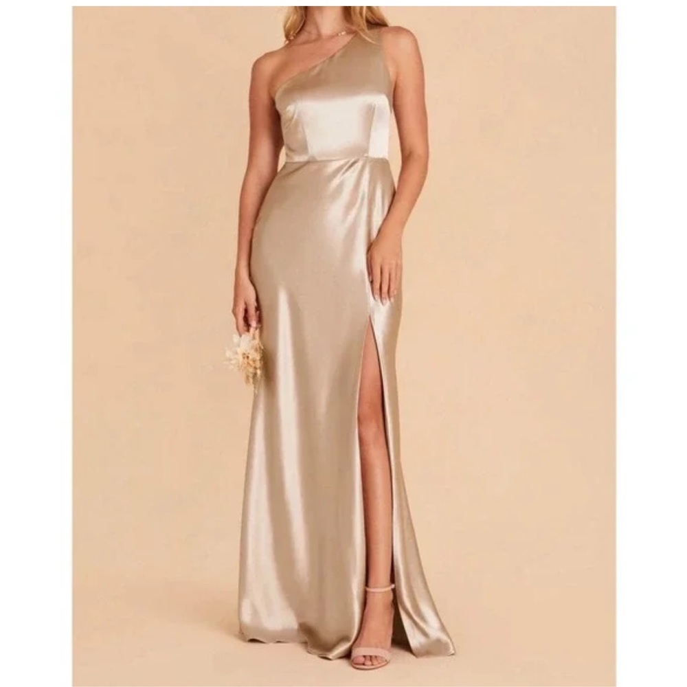 Birdy Grey One-Shoulder Satin Gown in Champagne Gold